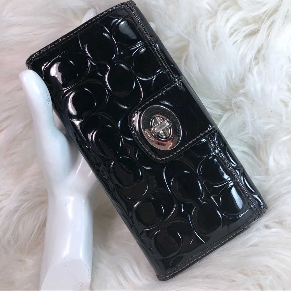 Coach Logo Embossed Black Patent Leather Wallet